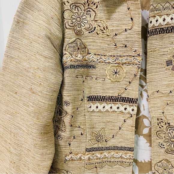 Coldwater Creek Size PM Linen Embroidered Floral Tan Button Up Lined Jacket - Picture 3 of 9
